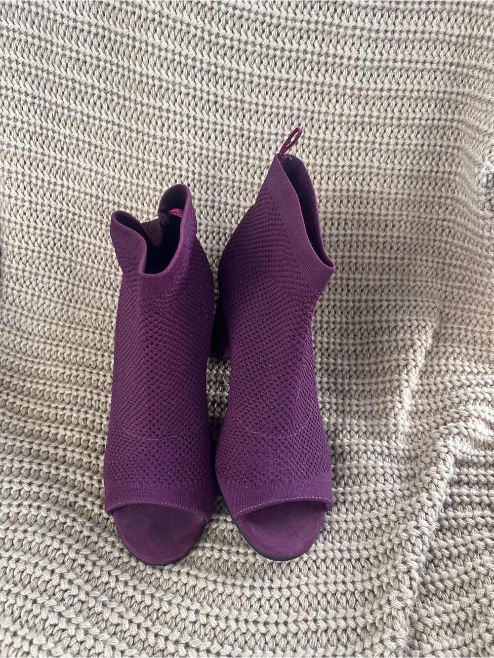 Seven Dials Knit Peep-Toe Heeled Booties in Plum